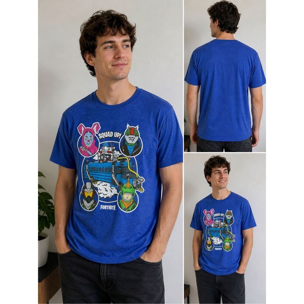 Fortnite Squad Up Graphic Tee Blue Short Sleeve Men’s Size M Cotton Blend
